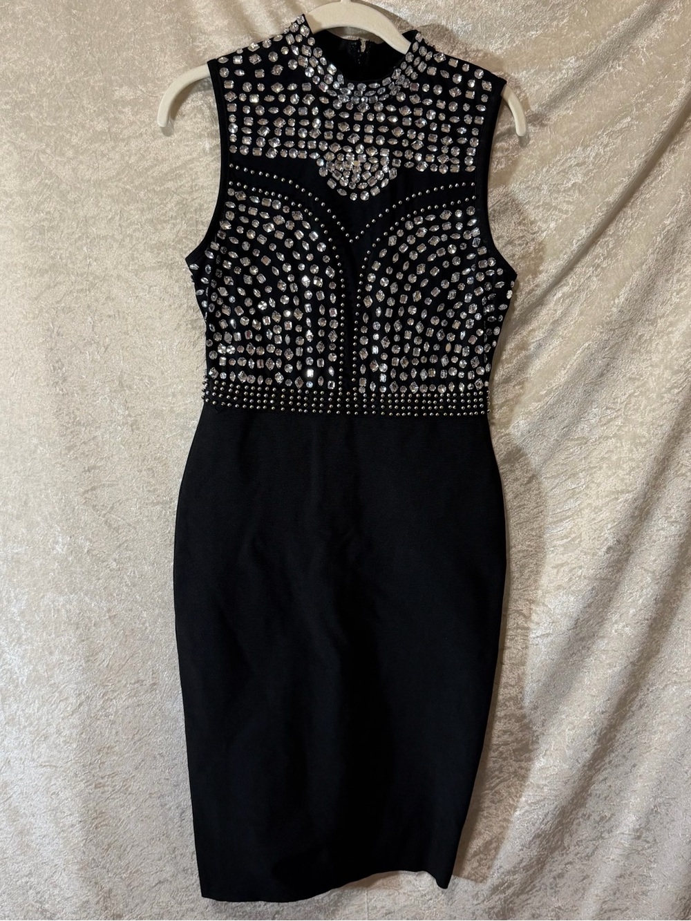 Fashion Nova Black Rhinestone Crystal Bodycon Midi Dress Size L Glam Party
